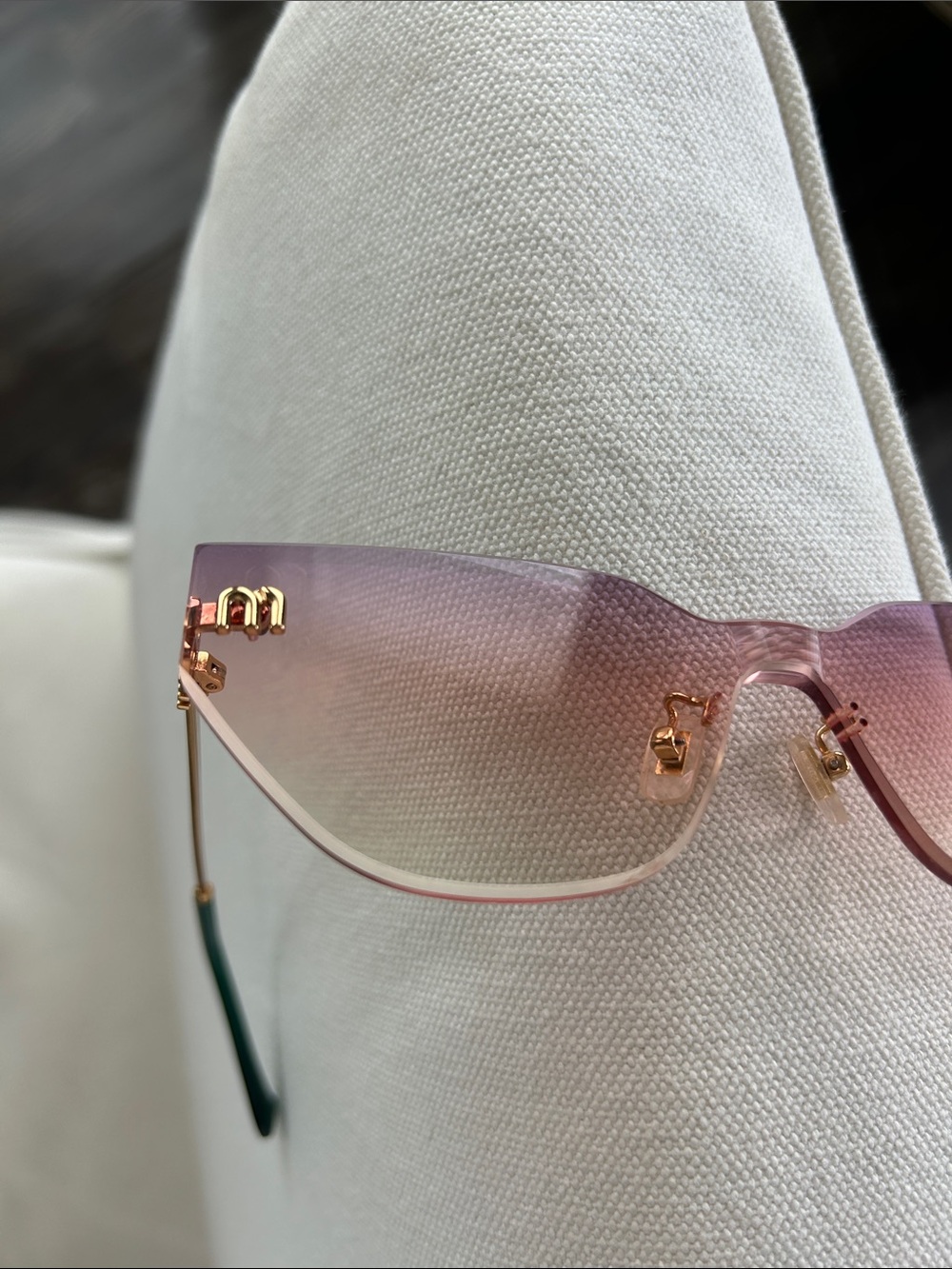 Miu Miu Pink Gradient Rimless Sunglasses with Gold Temples and Green Tips - Picture 9 of 9